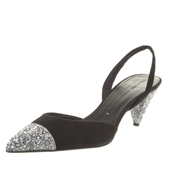 New Stella Luna Silver Glitter Cap Toe Sling Back Heels Black Sz 36 - Picture 1 of 14